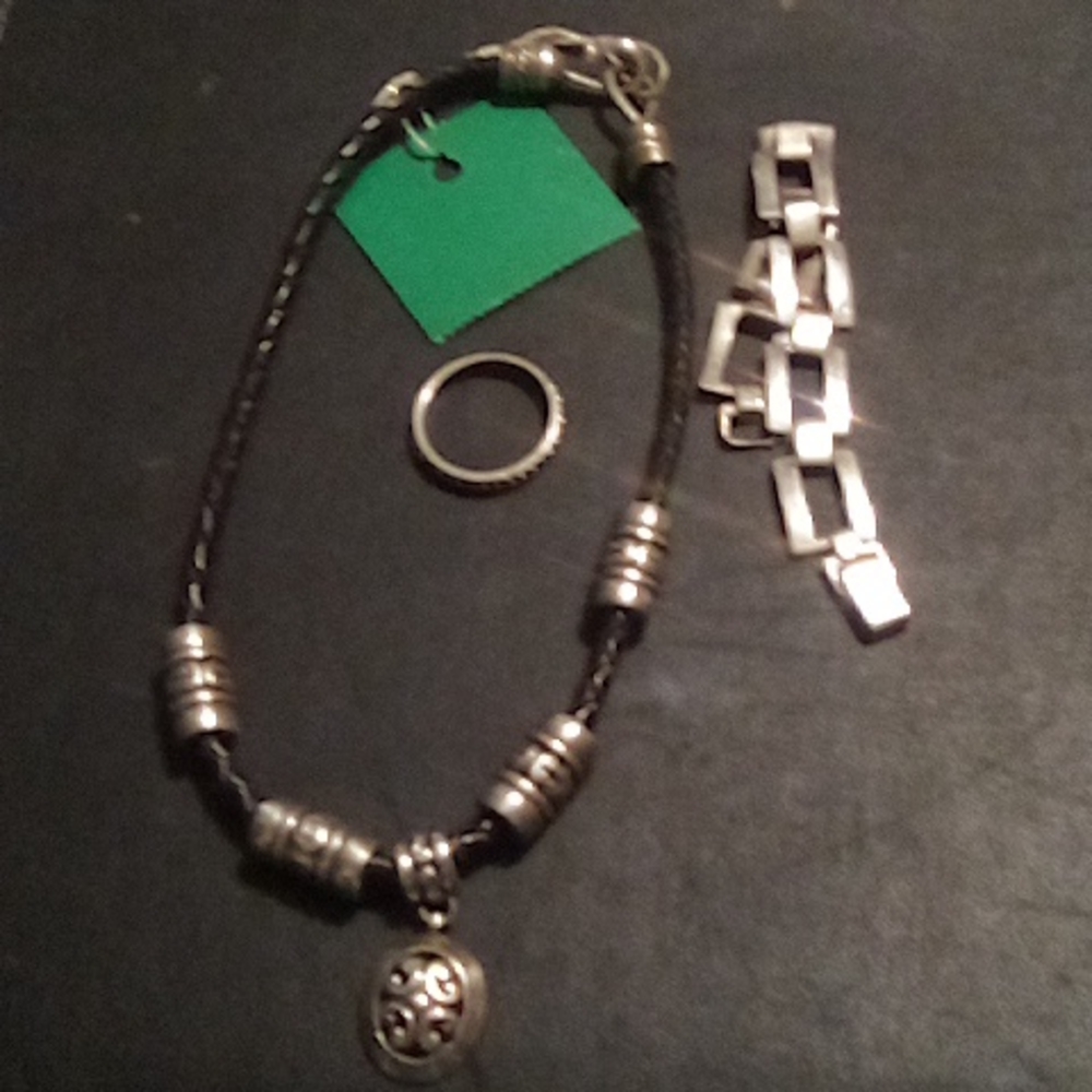 Black leather with silver necklace bracelet and 925 ring